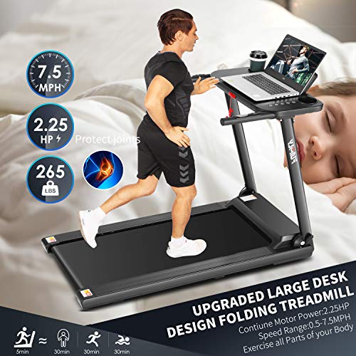 FUNMILY Treadmill for Home, Folding Treadmills with Desk and Bluetooth Speaker, Portable Electric Treadmill Machine for Running Walking Workout, 265 LBS Weight Capacity (Silver)