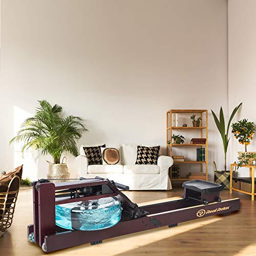 Real Relax Water Rowing Machine for Home Use, Water Adjustable Resistance Rower with LED Moniter for Full-Body Workout, Cardio Training Gym Fitness Indoor (Rower Cover Included), Dark Red Wood
