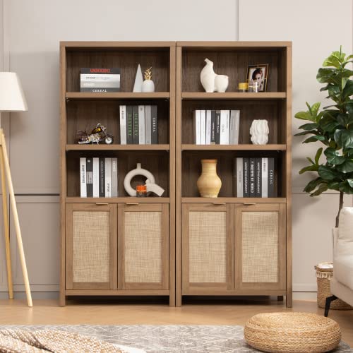 SICOTAS 5 Tier Rattan Boho Bookcase with Doors - Oak