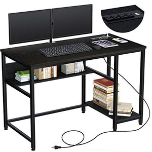 Rolanstar Computer Desk, Home Office Writing Study Desk with Power Outlets 47", Business Style Workstation Table with Storage Shelves,Stable Metal Frame, Black