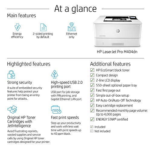 HP LaserJet Pro M404dn Monochrome Laser Printer with Built-In Ethernet & Double-Sided Printing (W1A53A) - Ethernet Only