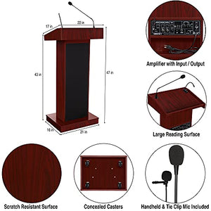 OEF Furnishings Orator Lectern with Wireless Tieclip Mic, Mahogany