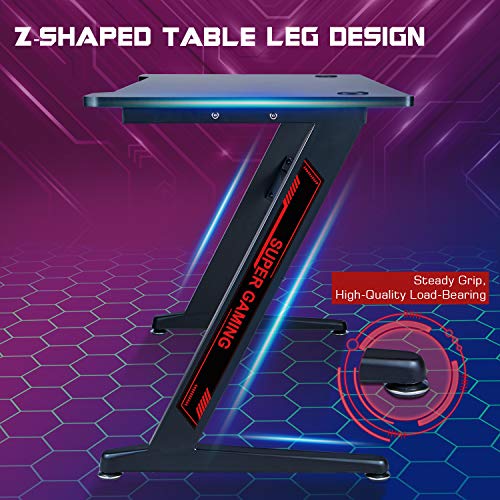FERGHANA Gaming Desk Z-Shape Large Size 47 inch, Black Gaming Computer Desk with Carbon Fiber Surface, Durable Frame, Racing Style for Home, Office,Dormitory,Internet Bar(Black)