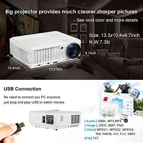 CAIWEI Bluetooth HD Projector Wireless Android OS LCD 200" Display 3900 Lumen WXGA LED Video Projector Home Cinema Movies Games, Compatible with HDMI USB RCA Audio VGA AV WiFi Multimedia Proyectors