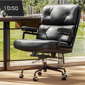 OTDMEL Genuine Leather Mid Back Executive Office Chair with Aluminum Arms and Wheels, Black