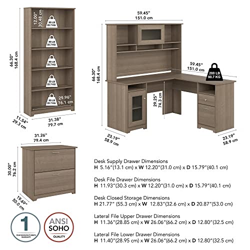 Bush Furniture Cabot Collection L Shaped Desk with Hutch, Bookcase, and File Cabinet | Corner Computer Table with Storage, Bookshelf, 60W, Ash Gray
