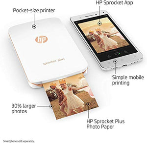 HP Sprocket Plus Instant Photo Printer, Print 30% Larger Photos on 2.3x3.4 Sticky-Backed Paper – White (2FR85A)