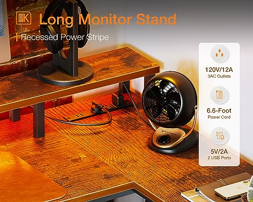 ODK L Shaped Desk with File Drawer, Power Outlet, LED Strip, & Storage Shelves