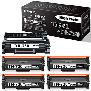 Compatible DR-730 DR730 Drum Unit & TN-730 TN730 Toner Cartridge Replacement for Brother HL-L2350DW L2370DW/DWXL L2390DW L2395DW MFC-L2710DW L2750DW L2750DWXL Printer Toner (Black, Total 5-Pack)