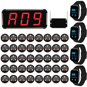 WNKRUN Restaurant Pager System Wireless Calling System with 1 Display Receiver, 4 Watches, 1 Signal Amplifier, 40 Call Buttons