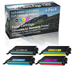 4-Pack (BK+C+Y+M) Compatible CLP-660ND, CLX-6200FX Printer Toner Cartridge High Capacity Replacement for Samsung CLP-K660A+ CLP-C660A+ CLP-Y660A+ CLP-M660A Toner Cartridge