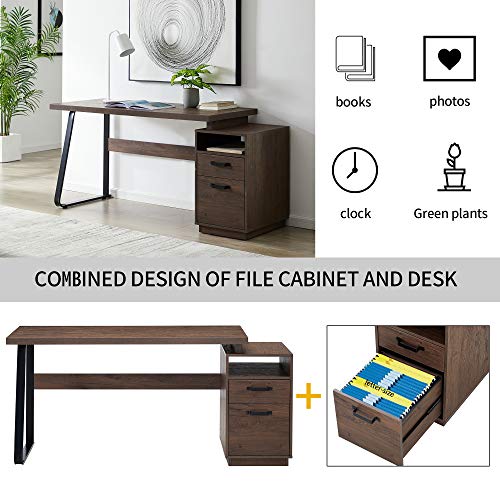 Nedley 65" Walnut Home Office Computer Desk with Cabinet Drawers 55" Desk and 15" Drawer