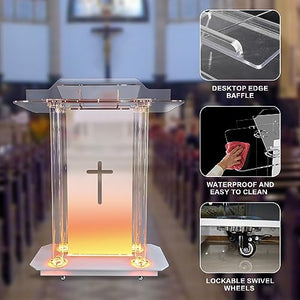 LAYIQDC Transparent Church Pulpit with Hollow Cross Design and LED Acrylic Podium on Wheels