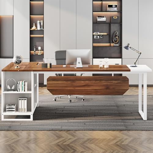 Tribesigns L-Shaped Executive Desk with File Cabinet, Walnut White