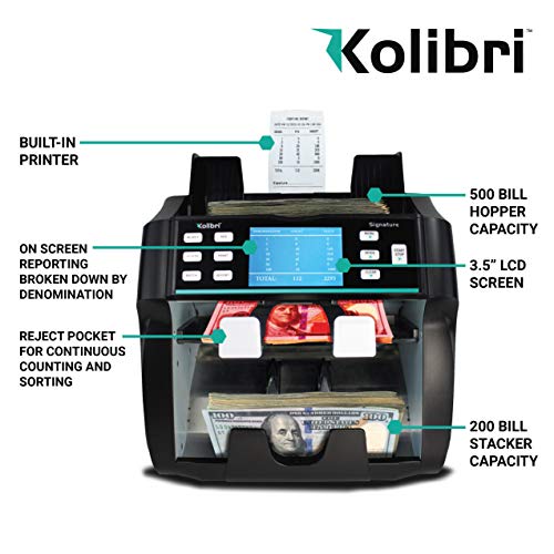 Kolibri Signature 2 Pocket Bank Grade Mixed Money Counter Machine with Built in Printer, Counterfeit Currency Detection UV/MG, On-Screen Reporting, and Reject Pocket