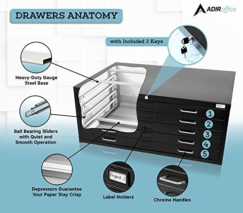 AdirOffice Blueprint Flat File Cabinet - Heavy Duty 5-Drawer Storage, 29" x 40", Black