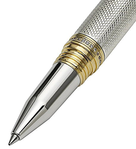 Xezo Solid 925 Sterling Silver Serialized Fine Rollerball Pen, 18K Gold Plated with Screw-On Cap. Swarovski Crystals Band (Maestro 925 Sterling Silver R-G)