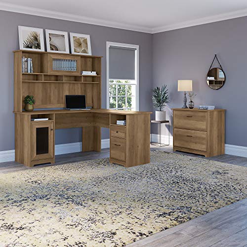 Bush Furniture Cabot L Shape Desk with Hutch and Lateral File, Reclaimed Pine