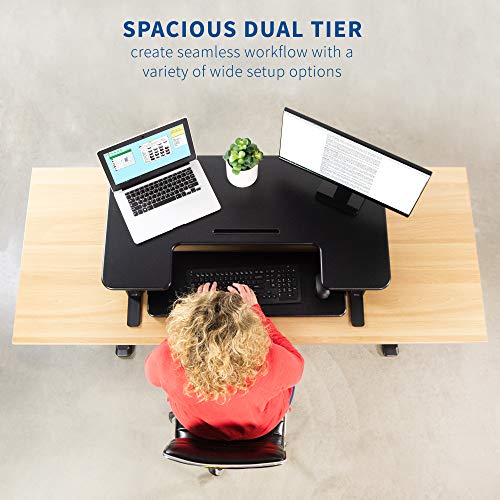 VIVO Black Electric Extra Wide 42 inch Stand Up Desk Converter | Quick Sit to Stand Tabletop Dual Monitor Riser Workstation (DESK-V000VLE)