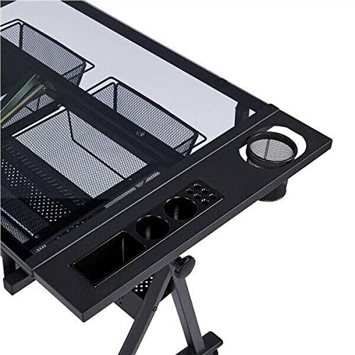 DXXWANG Glass Adjustable Art Drafting Table Artists Drawing Desk with 2 Drawers & Stool