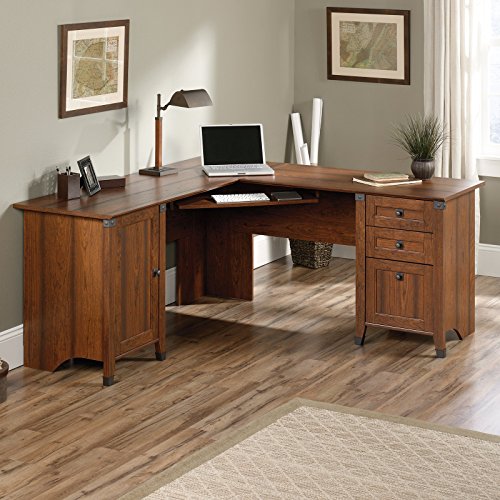 Classic L Shaped Wood Desk, Cherry Finish, Study or Workplace, Drawers, T-lock Assembly System, Perfect for Bedroom Living Room and Home Office, Indoor Furniture, BONUS E-book