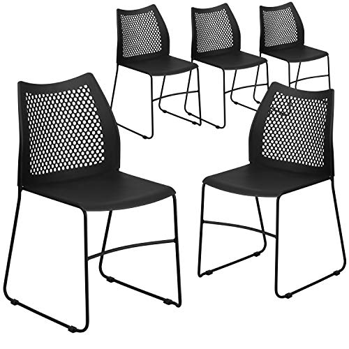 Flash Furniture Stack Chair 5 Pack - 661 lb. Capacity, Black, Air-Vent Back, Sled Base