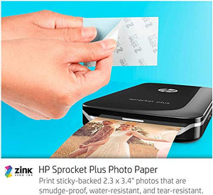 HP Sprocket Plus Instant Photo Printer (Black) Prints on 2.3x3.4” Zink Sticky Back Pictures Straight from Smartphone & Social Media.