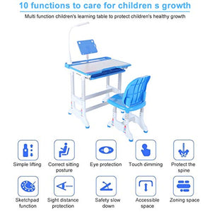 Student Desk and Chair Set - Height Adjustable Student Study Desk for Home Schooling with Storage Drawer/LED Light/Reading Board - Kids Interactive Workstation