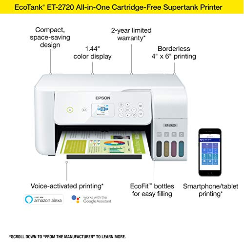 Epson EcoTank ET-2720 Wireless Color All-in-One Supertank Printer with Scanner and Copier - White (Renewed)