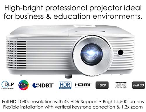 Optoma EH412 1080P HDR DLP Professional Projector | Super Bright 4500 Lumens | Business Presentations, Classrooms, and Meeting Rooms | 15000 Hour Lamp Life | 4K HDR Input | Speaker Built in