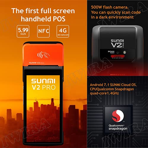 IWIRA Portable Printer 58mm Thermal Sunmi V2 PRO POS Receipt with Android OS7.1,5.99'' HD,4G,NFC,Supports Label Printing & Printing,Compatible Loyverse iREAP&CashStock (5), Orange, Black