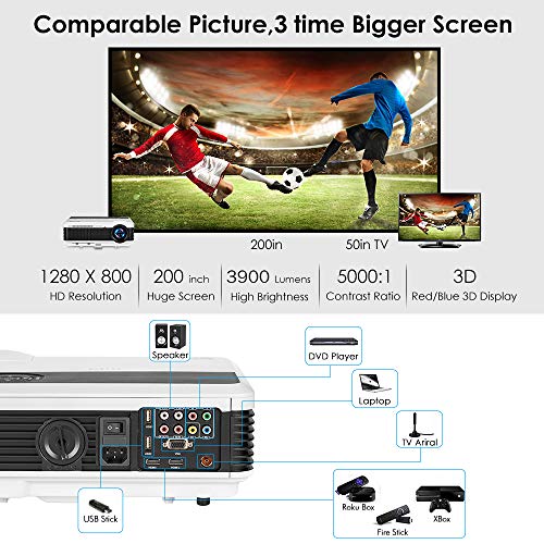 EUG 4600 Lux Android Smart Video Projector with Bluetooth WiFi Support Full HD 1080P HDMI RCA Audio USB VGA LCD LED Multimedia Wxga Wireless Outdoor Movie Proyector for Game Console Smartphone DVD TV