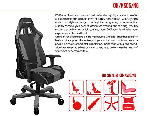 DXRacer King series OH/KS06/NG Large size Seat Office Chair Gaming Ergonomic with - Included Head and Lumbar Support Pillows (Black/Gray)