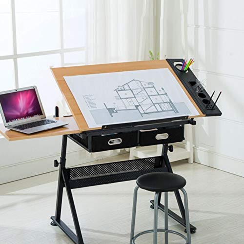 Lgan Height Adjustable Drawing Desk, Tiltable Craft Table with Storage, Maple Panel Art Desk, for Home Office Drafting Table
