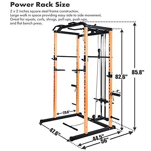 Vanswe Power Cage with LAT Pull Down Attachment, 1000-Pound Capacity Power Rack Full Home Gym Machine with Multi-Grip Pull-up Bar and Dip Handle (Orange)