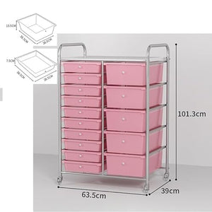 SXHEYUY Rolling Storage Cart, 15 Drawer Big Capacity Organizer Cart with Wheels, Pink, 15 Tier