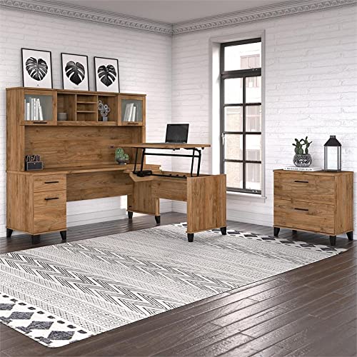 Bush Furniture UrbanPro Sit-Stand L Desk Set with File Cabinet in Walnut - Engineered Wood