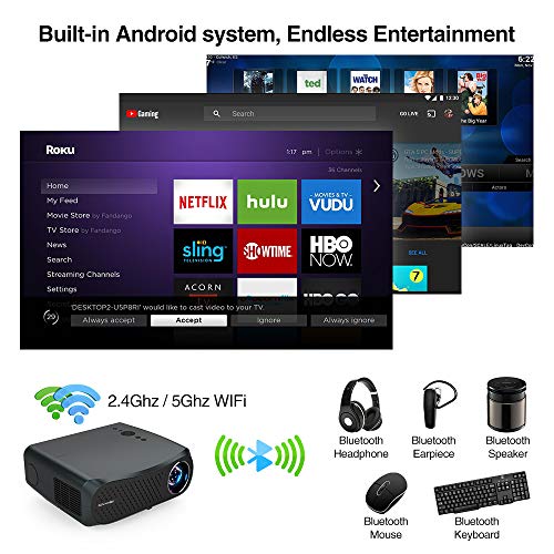 Native 1080P Projector with 5500 Lux, 4K HD Supported 10000:1 Contrast Ratio 5G WiFi Wireless Bluetooth Projector with Smart Phone, Laptop, TV Stick, Zoom, HDMI, USB, VGA for Outdoor Movie