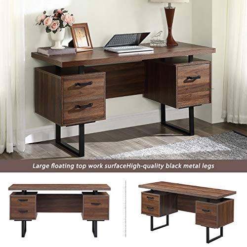 Noskatu Home Office Computer Desk with 3 Drawers, 59" Studying Writing Table with Steel Frame Space Saving Workstation Desk for Small Spaces (Walnut)
