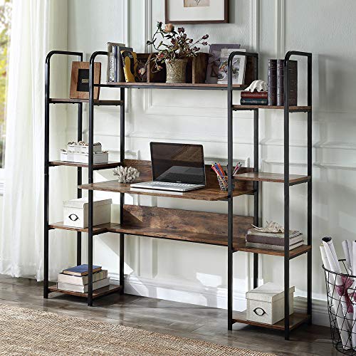 Okngr Computer Desk with Hutch and Bookshelf, Industrial Study Writing Table Home Office Writing Desk with Bookshelf Workstation Desk Gaming Desk, Rustic Brown