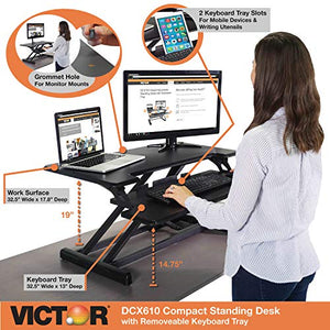 Victor DCX610 Height Adjustable Compact Standing Desk| Black| 33” Wide Sit-Stand Dual Monitor Desk and Laptop Riser Workstation| Compatible with Most Monitor Arms