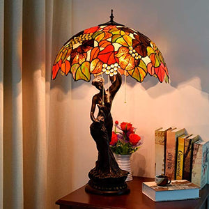 NINGZ Tiffany Style Stained Glass Table Lamp - Dead Leaves Green Leaf Shade - Vintage Bedside/Nightstand Light