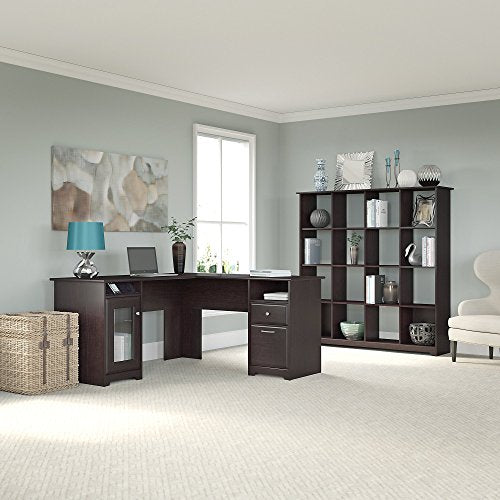 Bush Furniture Cabot L Shaped Desk and 16 Cube Bookcase in Espresso Oak
