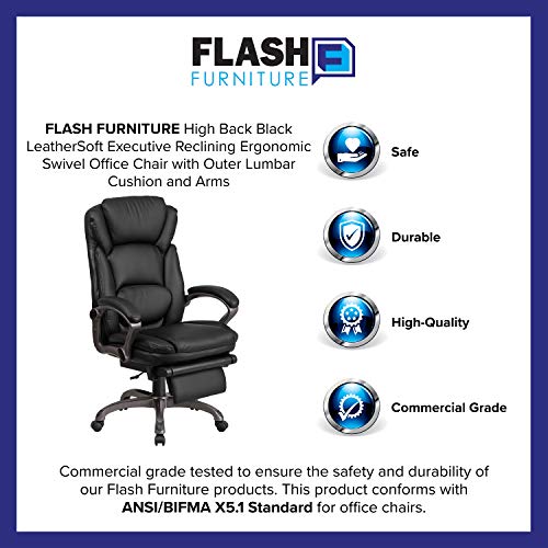 Flash Furniture High Back Black LeatherSoft Executive Reclining Ergonomic Swivel Office Chair with Outer Lumbar Cushion and Arms