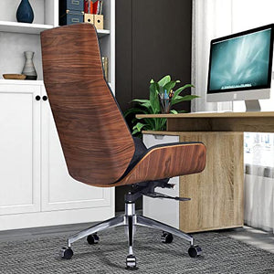 TOOMOO Genuine Leather High Back Executive Office Chair - 8-Layer Solid Walnut Wood, Aluminum Base