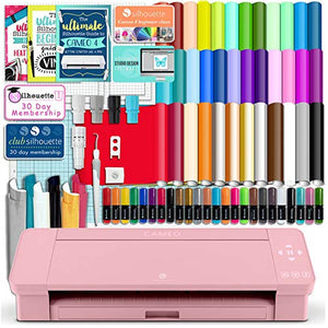 Silhouette Pink Cameo 4 Starter Bundle with 38 Oracal Vinyl Sheets, T-Shirt Vinyl, Transfer Paper, Class, Guides and 24 Sketch Pens
