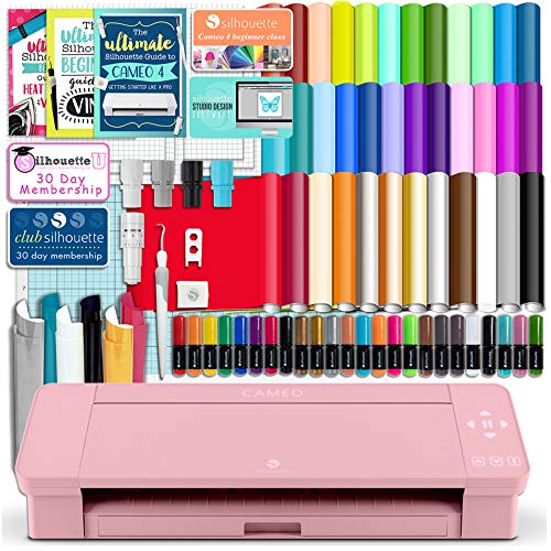 Silhouette Pink Cameo 4 Starter Bundle with 38 Oracal Vinyl Sheets, T-Shirt Vinyl, Transfer Paper, Class, Guides and 24 Sketch Pens
