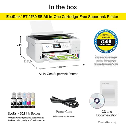 Epson EcoTank ET-2760 All-in-One Supertank Wireless Color Inkjet Printer, White - Print Scan Copy - 10.5 ppm, 5760 x 1440 dpi, Auto 2-Sided Printing, Voice Activated, 1.44" LCD, Memory Card Slot