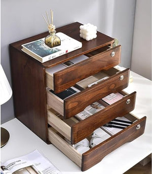DFANCE Desktop File Cabinet Storage Box with Lockable Drawers, Solid Wood, Office Supplies Organizer (40*28*31cm, Walnut+White)