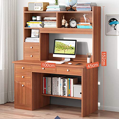 YAOJP 2 In1 Bookshelf Computer Desk, Modern Bedroom Office Writing Desk Computer Workstation with Drawers Large Storage Space Table,Brown,100x45x152cm